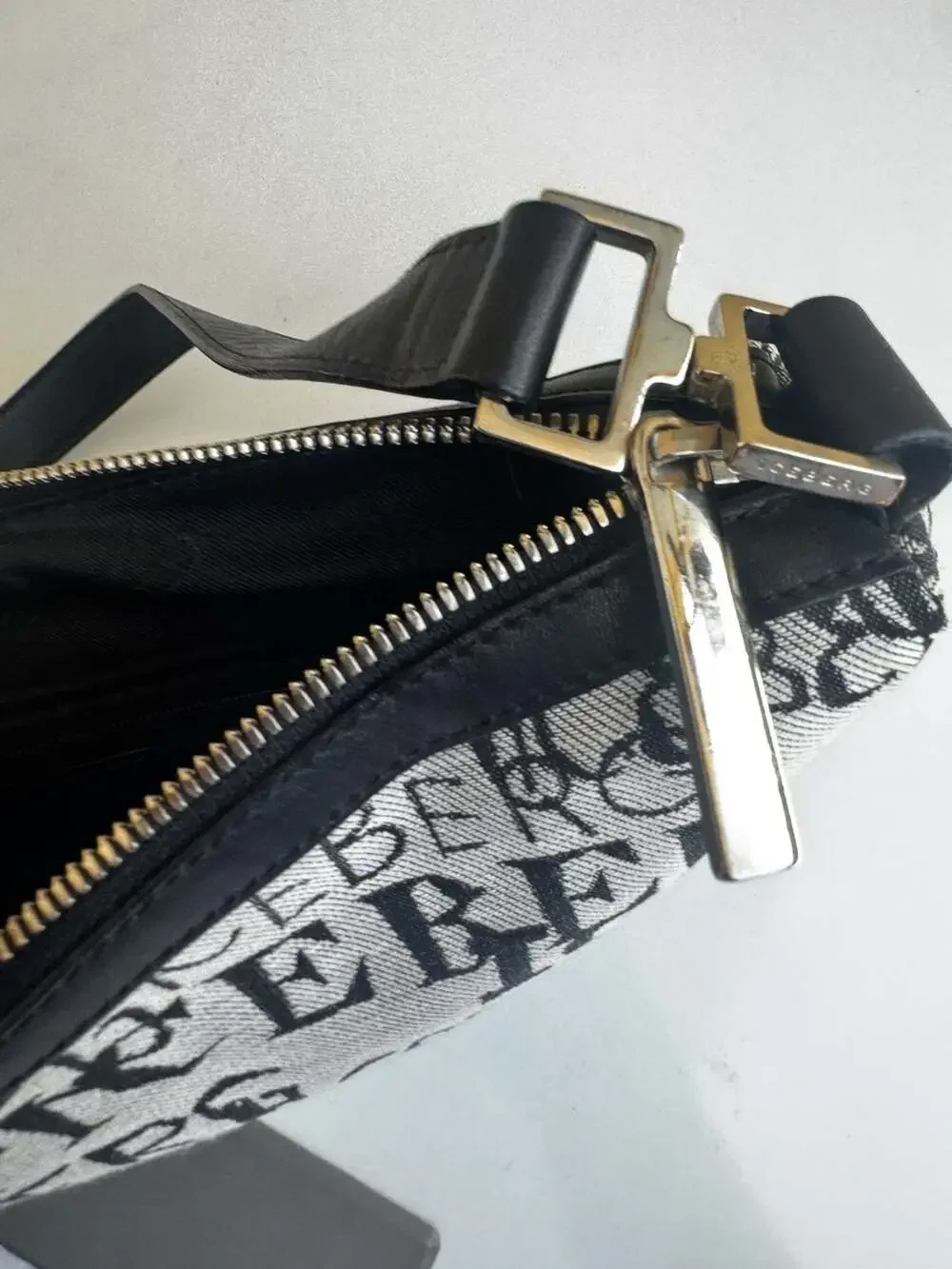 Iceberg Black and White Monogram Logo Print Shoulder Bag Baguette